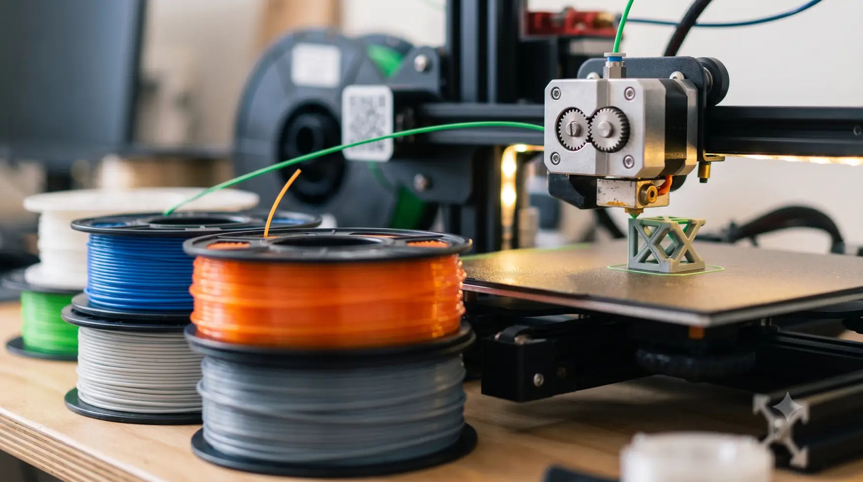 several neatly stacked spools of 3D printing filament are visible in vibrant orange, blue, grey, and green