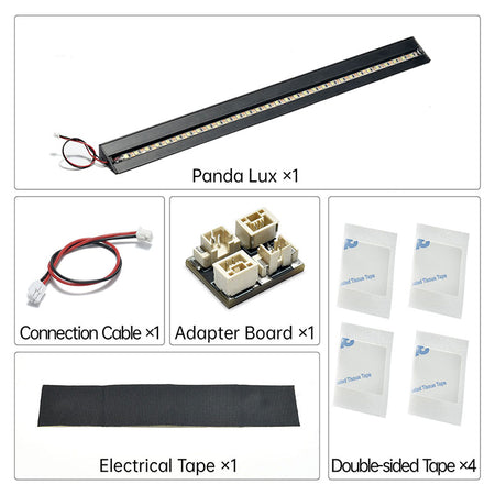 List of components including Panda Lux, connection cable, adapter board, electrical tape, and double-sided tape on a white background.