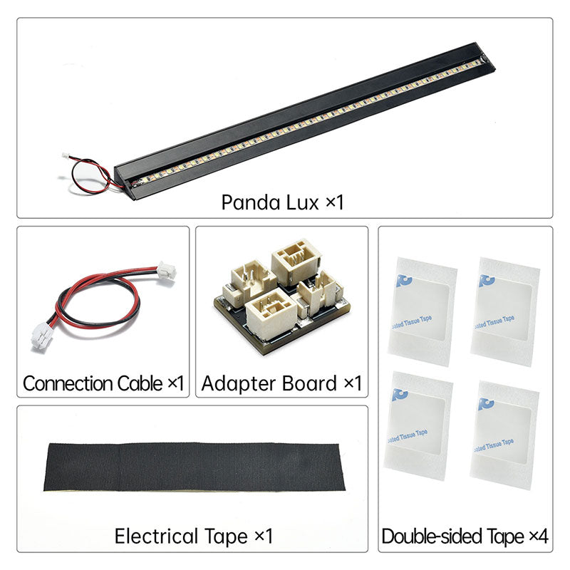 List of components including Panda Lux, connection cable, adapter board, electrical tape, and double-sided tape on a white background.
