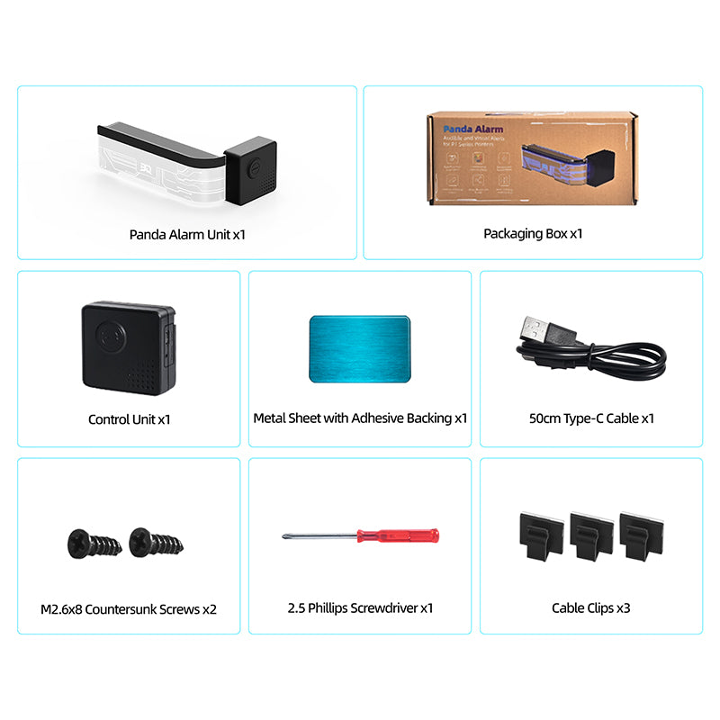 List of items included in a Panda Alarm package, including alarm unit, packaging box, control unit, metal sheet, cable, screws, screwdriver, and cable clips.