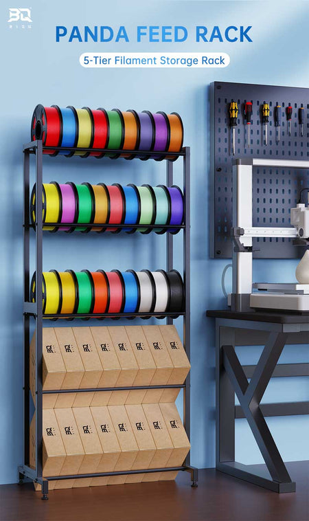 5-tier filament storage rack with colorful spools and boxes, next to a 3D printer.