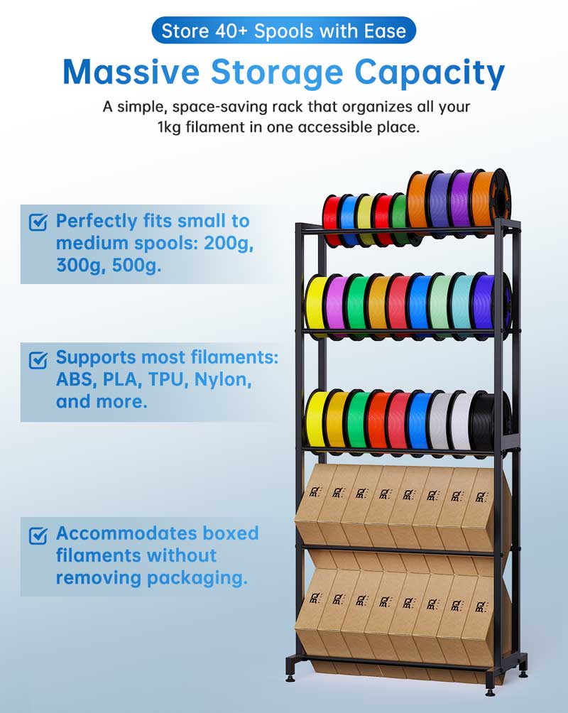 Storage rack with colorful spools and boxes on a blue background