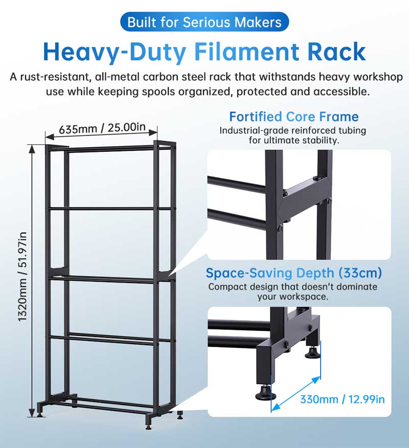 Heavy-duty filament rack with dimensions and features on a light blue background