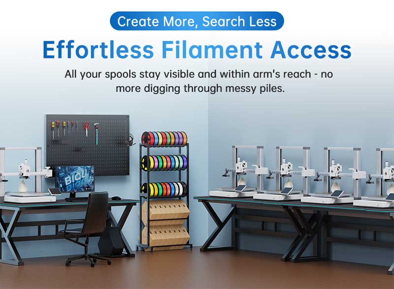 Workshop setup with filament storage system and text about effortless filament access.