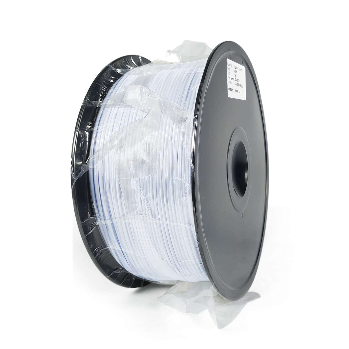 A spool of EL3D PETG white 3D printing filament, wrapped in plastic, with a label visible on the spool.