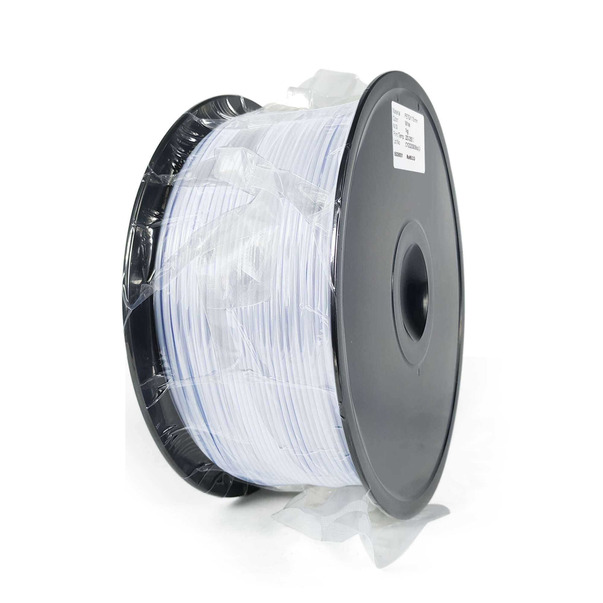 A spool of EL3D PETG white 3D printing filament, wrapped in plastic, with a label visible on the spool.