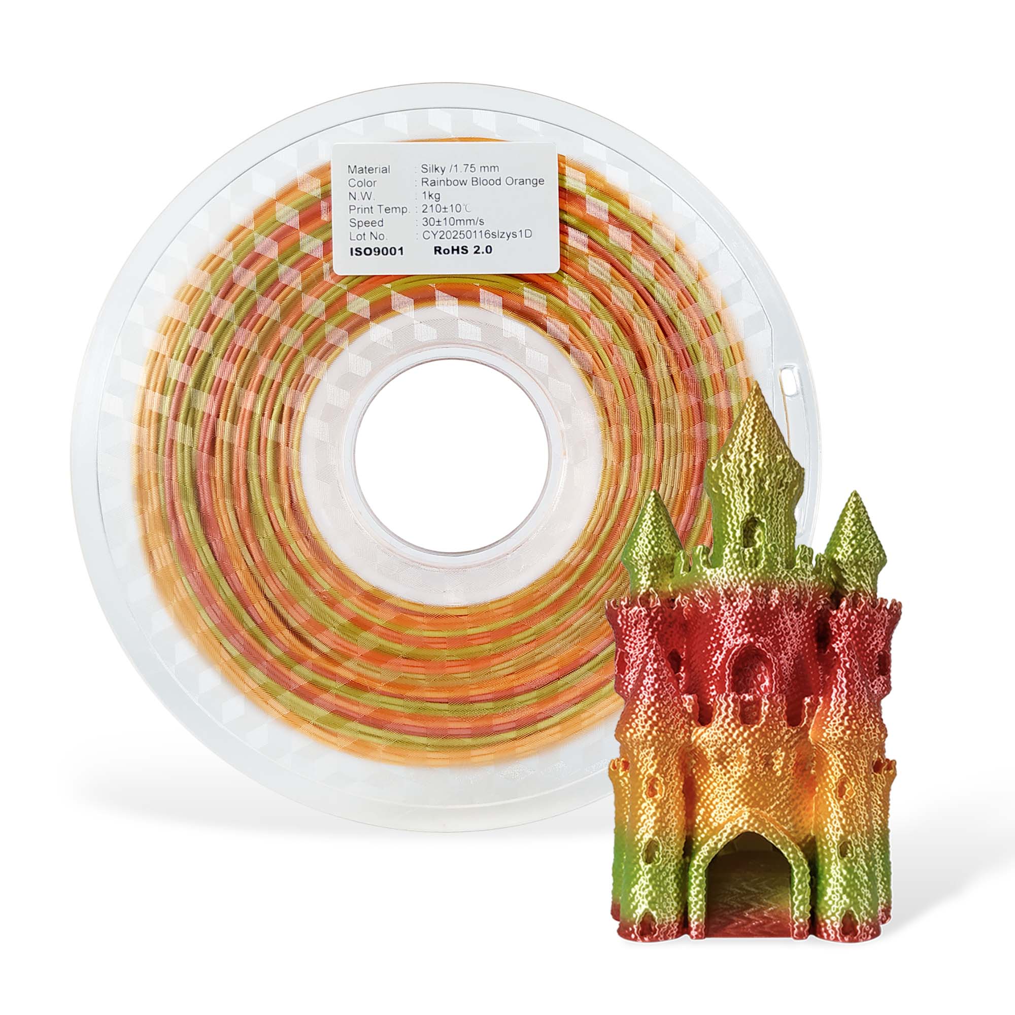 Spool of Blood Orange filament and a 3D printed castle model on a white background
