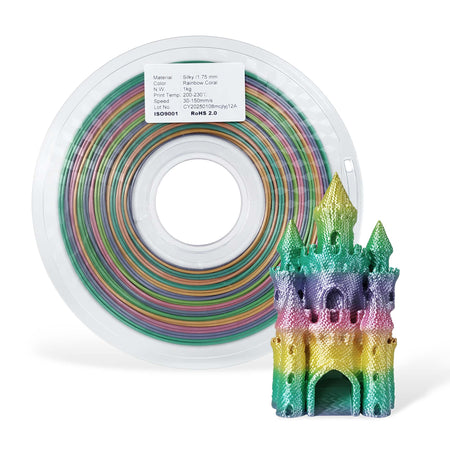 Spool of colorful filament and a 3D printed castle model on a white background