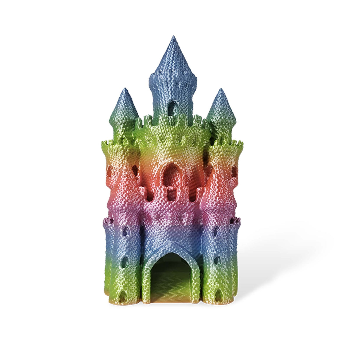 Colorful castle-shaped object on a white background