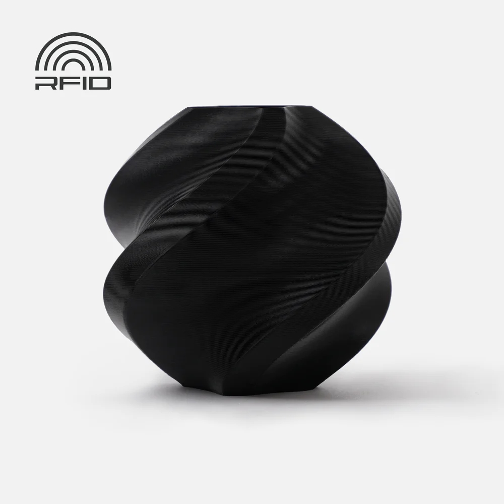 Black swirled object with 'RFID' branding on a light gray background