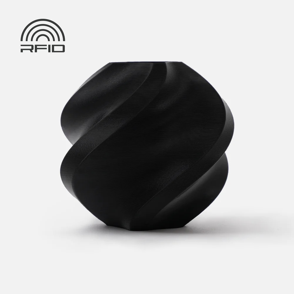 Black swirled object with 'RFID' branding on a light gray background
