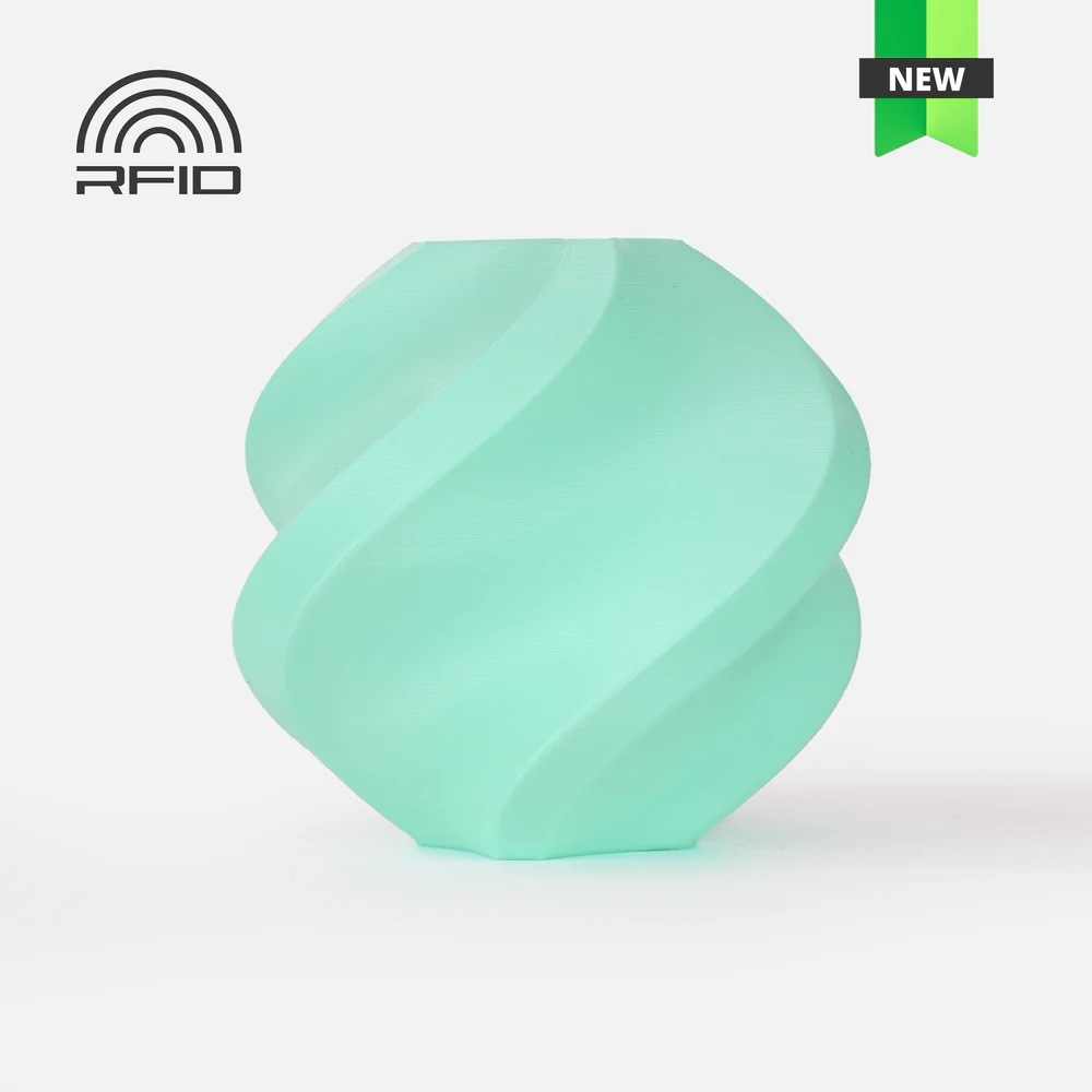 Mint green silicone object with 'NEW' label and RFID logo on a white background