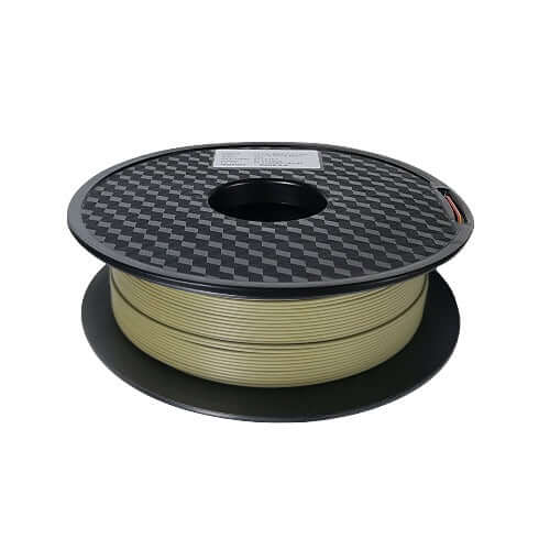 Spool of army green filament on a black spool with a white background