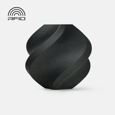 Black, futuristic-looking object with RFID symbol on a light gray background