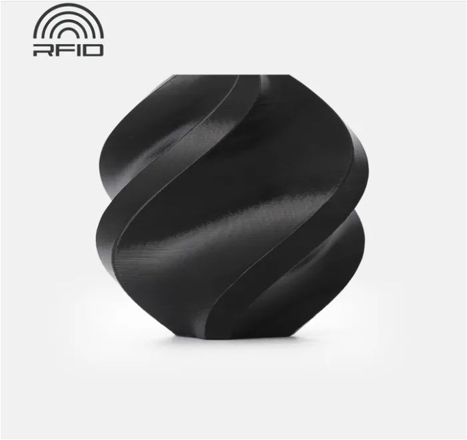 Black spiral-shaped object with 'RFID' branding on a white background