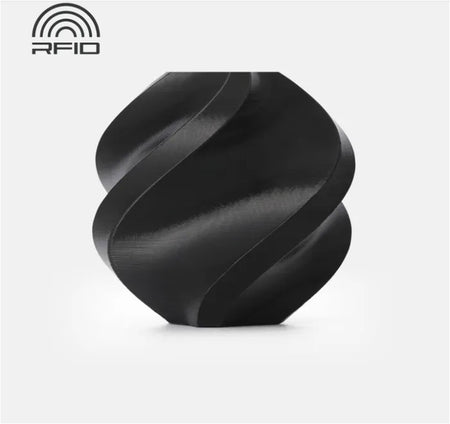 Black spiral-shaped object with 'RFID' branding on a white background