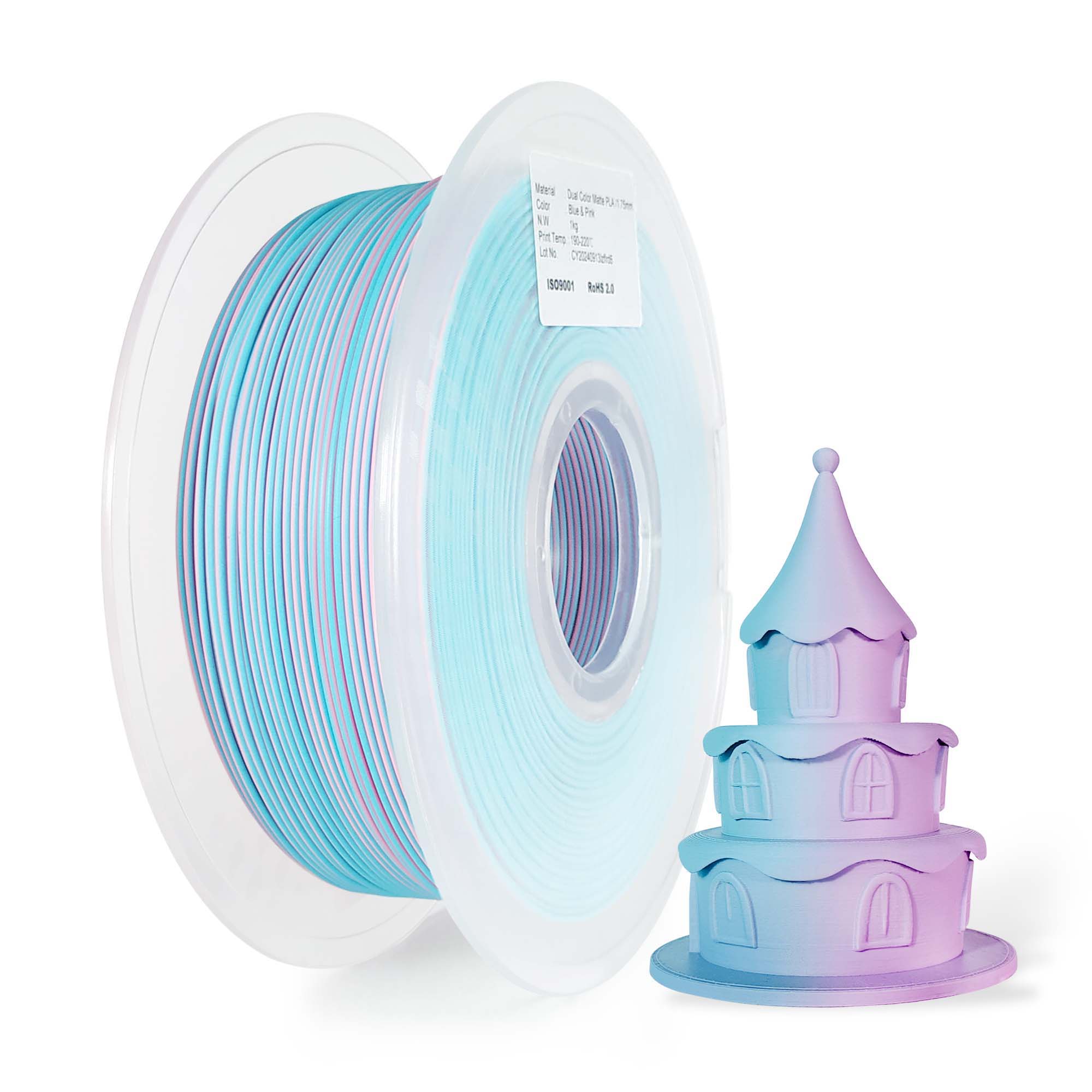 Spool of pastel-colored 3D printing filament next to a small castle model.