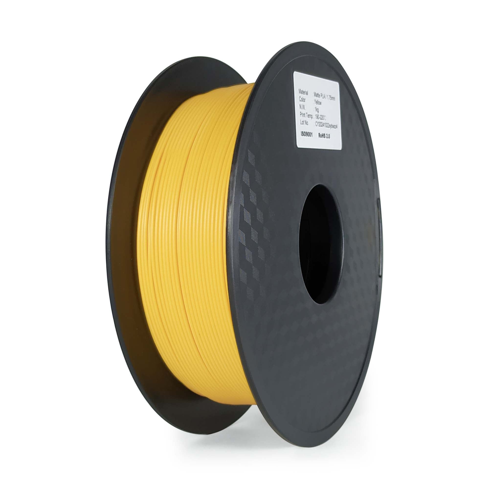 Spool of yellow filament on a black spool with a white background