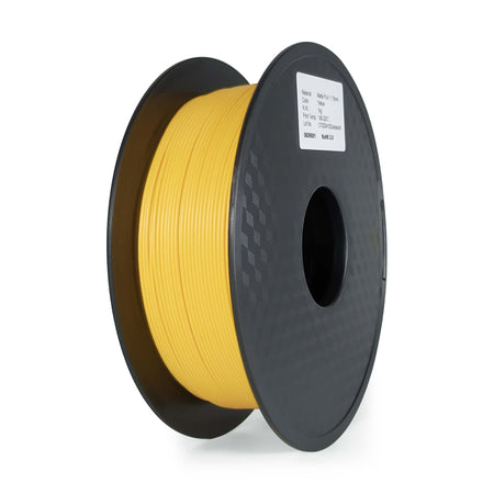 Spool of yellow filament on a black spool with a white background