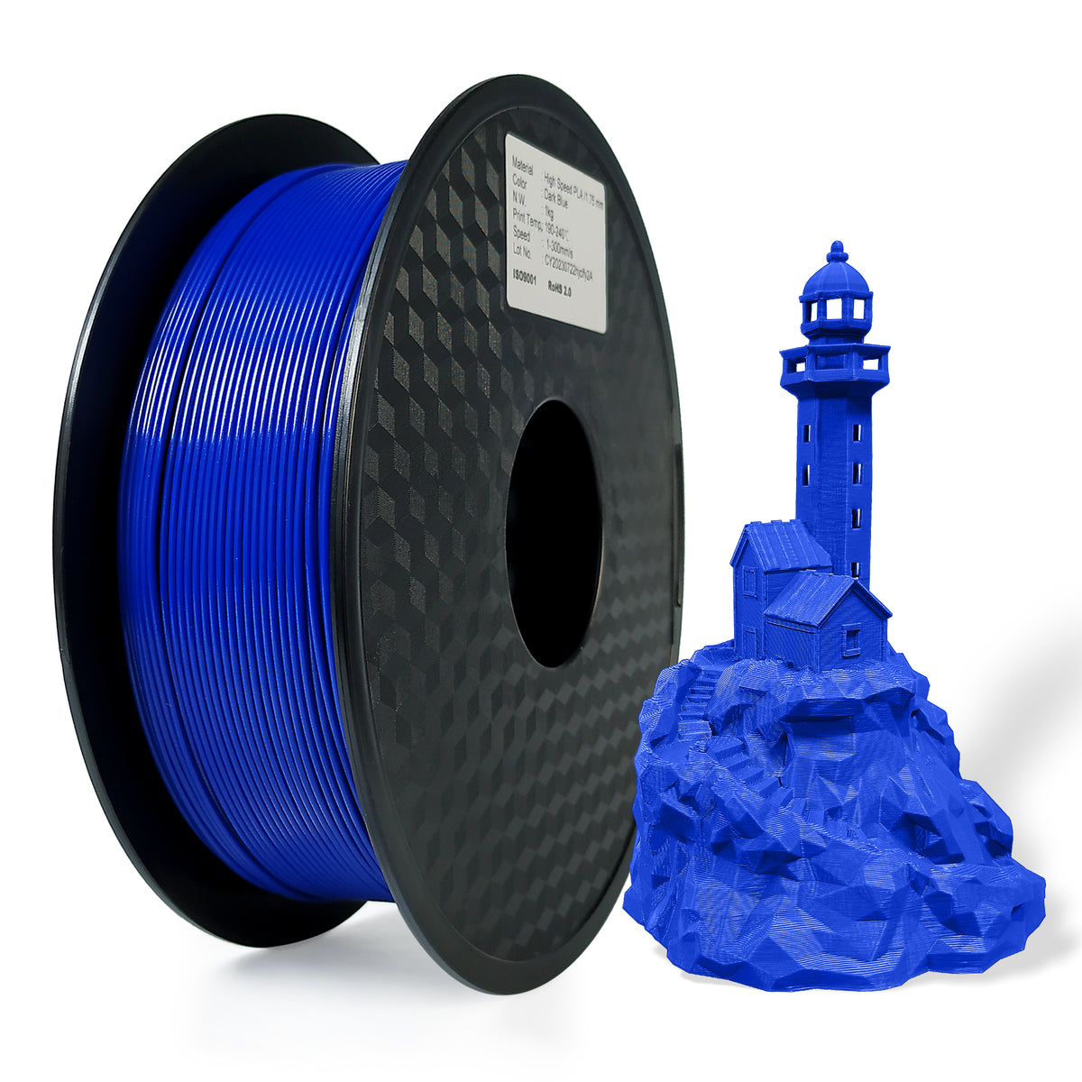Spool of blue filament and a 3D printed lighthouse model on a white background