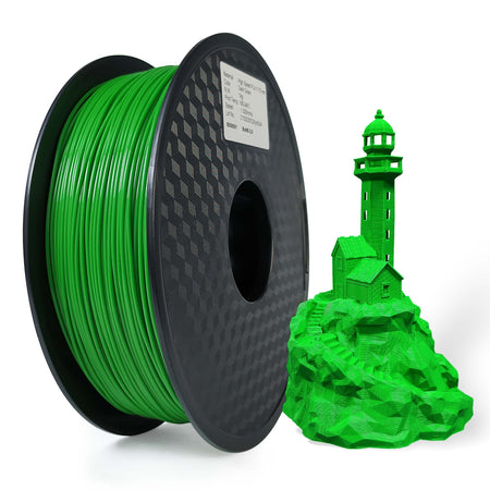 Spool of green filament and a 3D printed lighthouse model on a white background
