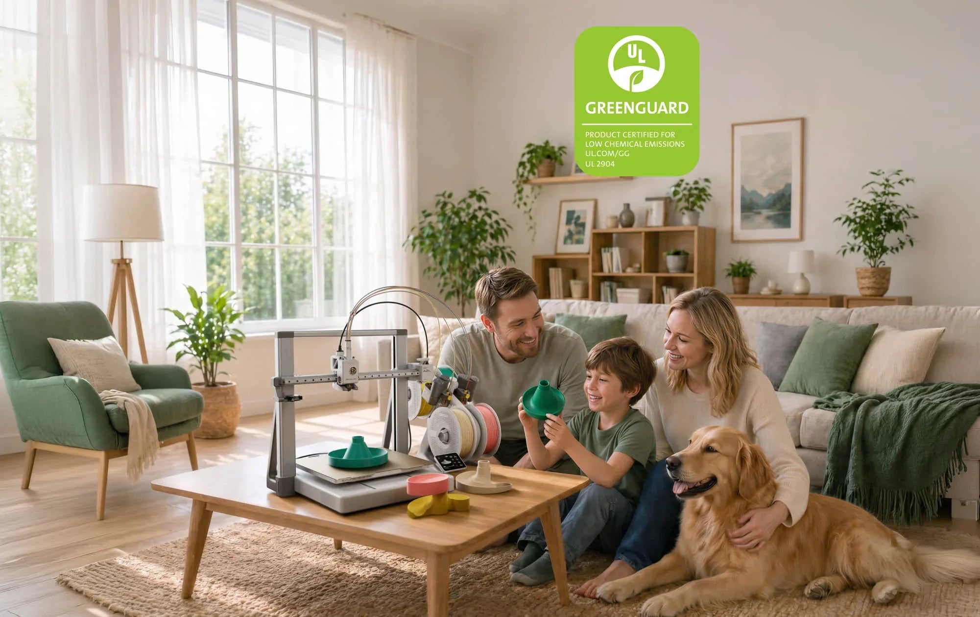 Family enjoying time with the Bambu Lab A2L Series 3D printer at home, Greenguard certified for low emissions.
