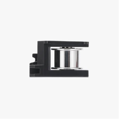 Black metal bracket with a cylindrical component on a white background