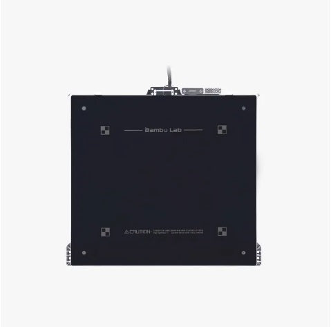 Black 3D printer bed with 'Bambu Lab' branding on a white background