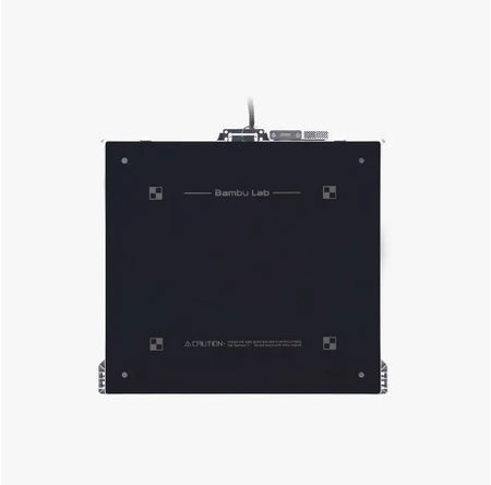 Black 3D printer bed with 'Bambu Lab' branding on a white background