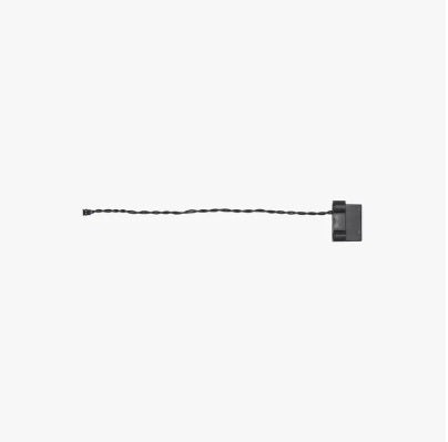 Small black rectangular object with a thin wire on a white background