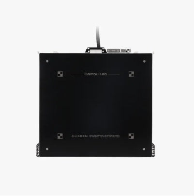 Black 3D printer bed with 'Bambu Lab' branding on a white background H2S