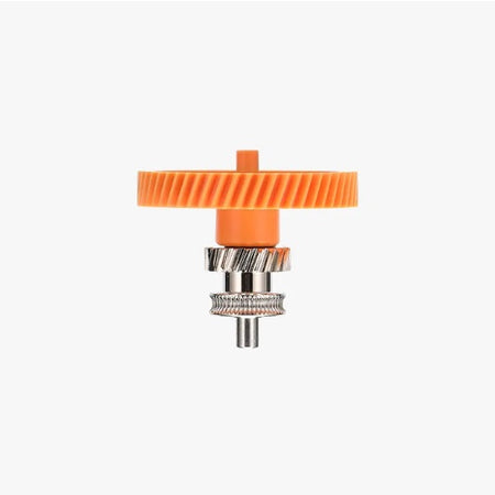 Orange and silver mechanical component on a white background