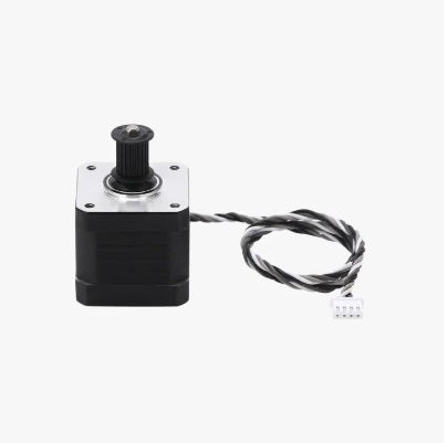 Black stepper motor with wiring on a white background