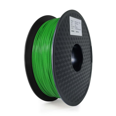 Spool of green filament on a black spool with a white background