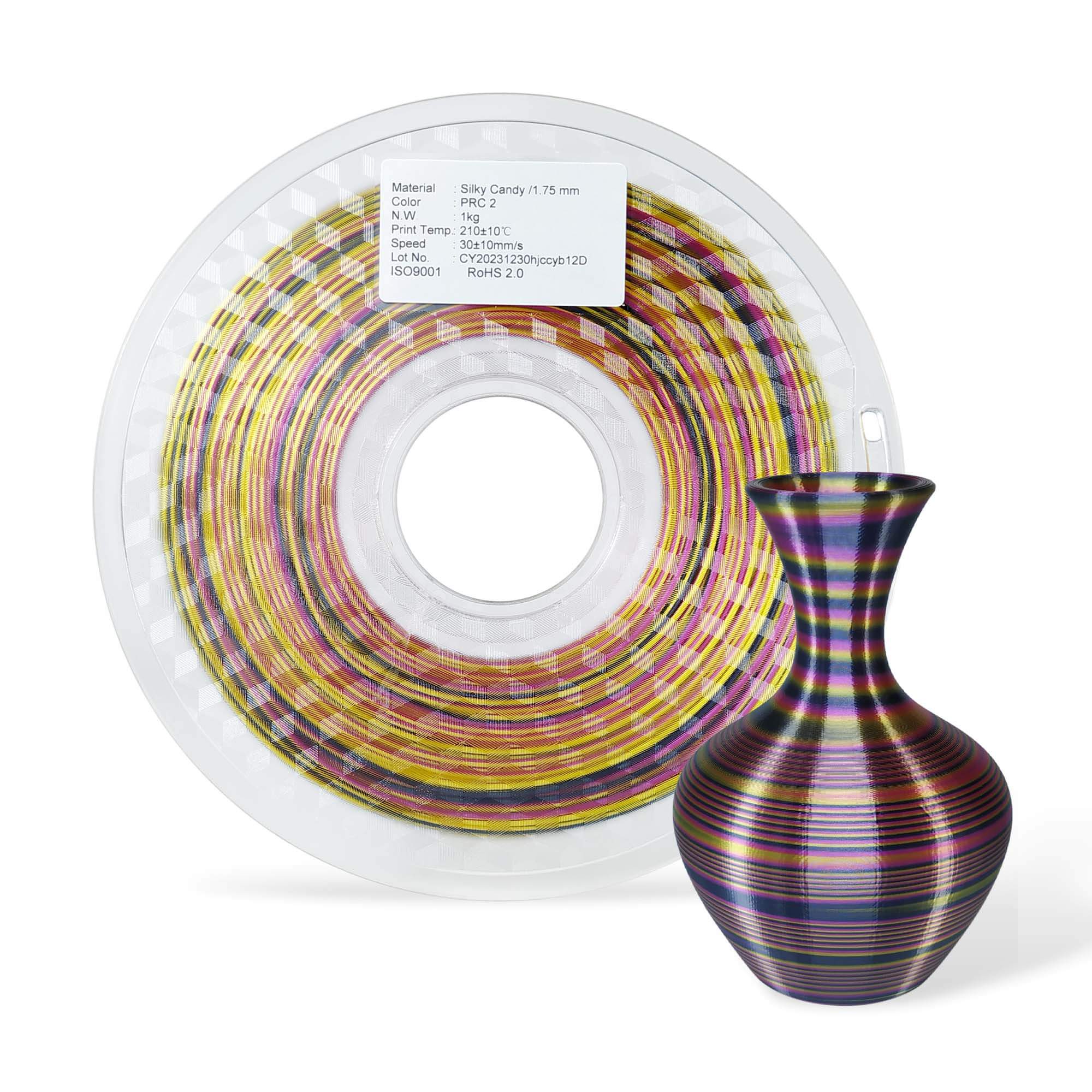 A spool of EL3D PLA filament in a multicolor silk like texture, alongside a 3D printed vase demonstrating the filament's glossy finish.