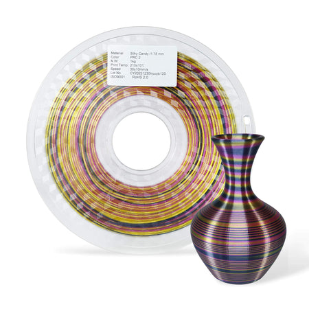 A spool of EL3D PLA filament in a multicolor silk like texture, alongside a 3D printed vase demonstrating the filament's glossy finish.