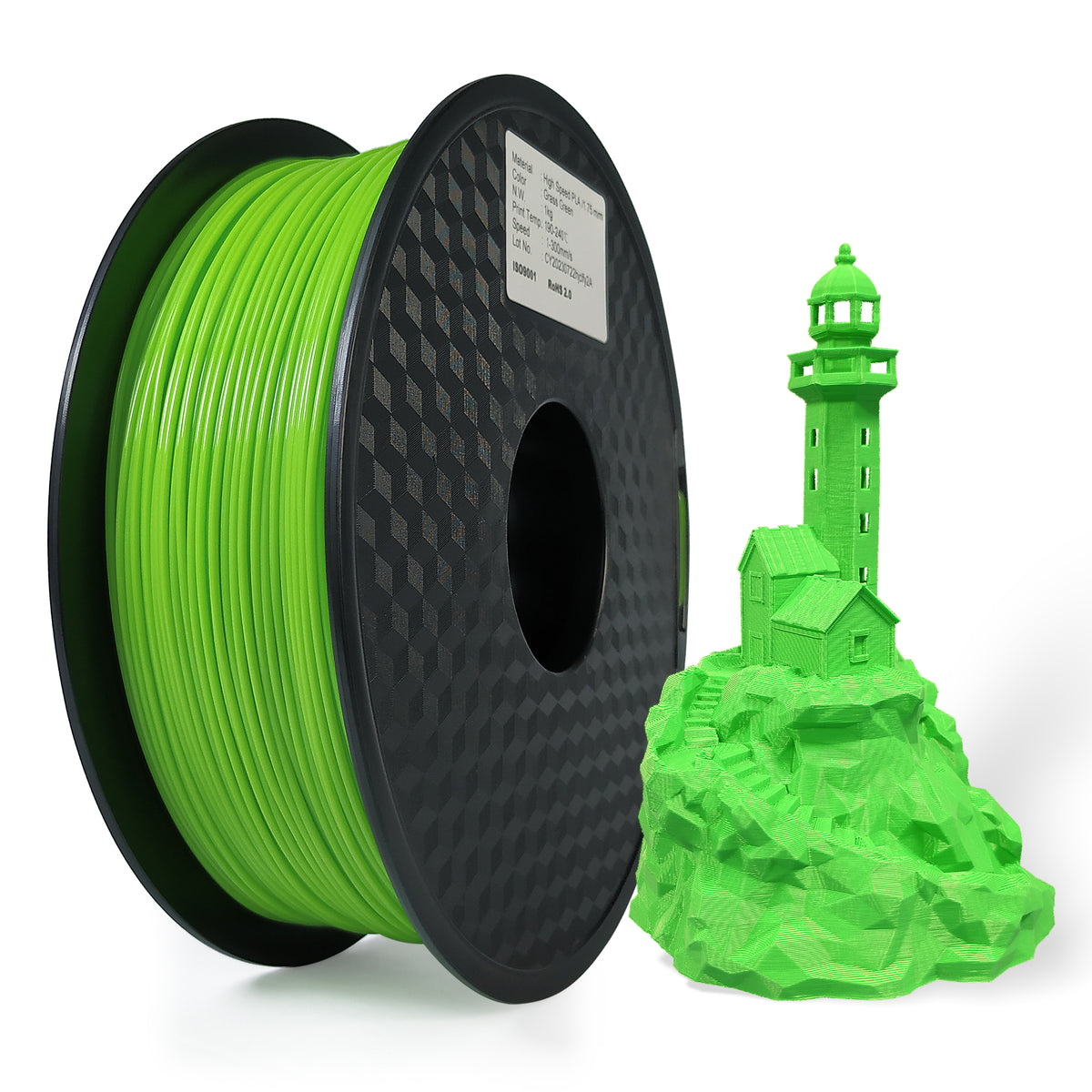 Spool of green 3D printing filament next to a small green 3D printed lighthouse model on a white background