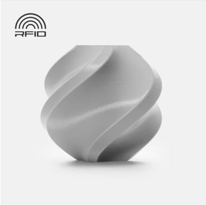 Gray spiral-shaped object with RFID logo on a light gray background