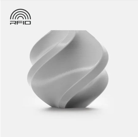 Gray spiral-shaped object with RFID logo on a light gray background