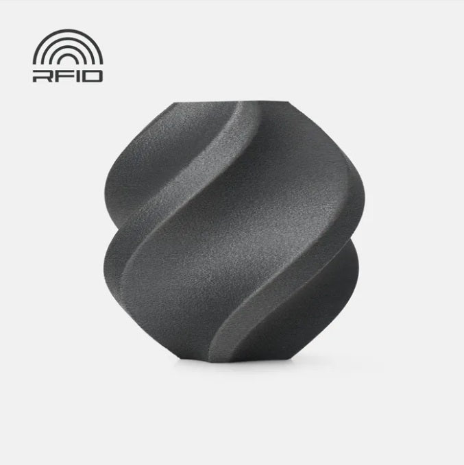 Black textured object with RFID logo on a light gray background
