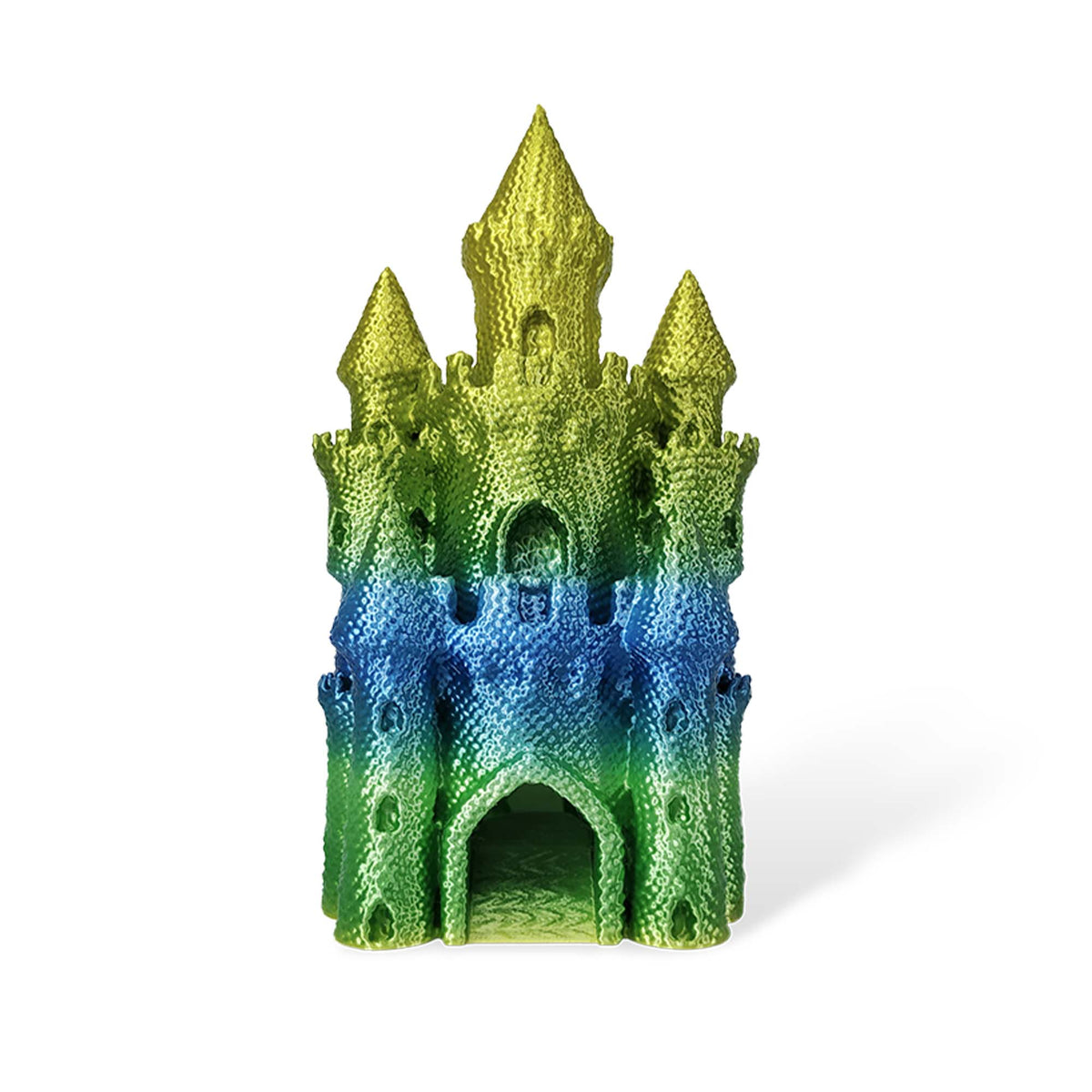 Gradient green to blue castle-shaped object on a white background
