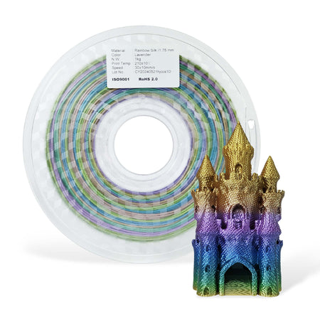 Spool of rainbow-lavender colored 3D printing filament with a colorful 3D printed castle model.