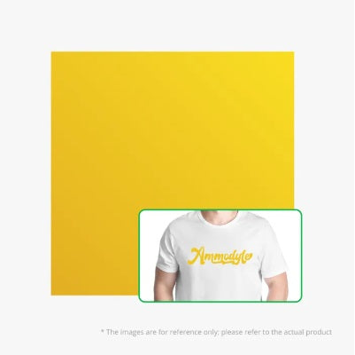 Yellow background with a person wearing a white t-shirt with 'Ammodio' logo.