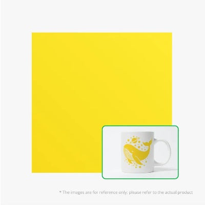 Yellow placemat with a white mug featuring a yellow design on a white background