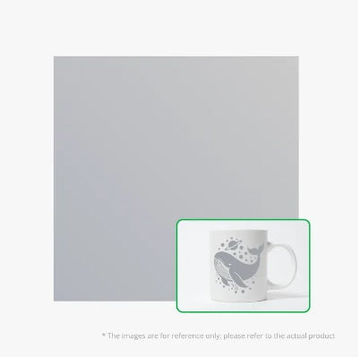 Gray card with a white mug featuring a whale design on a white background