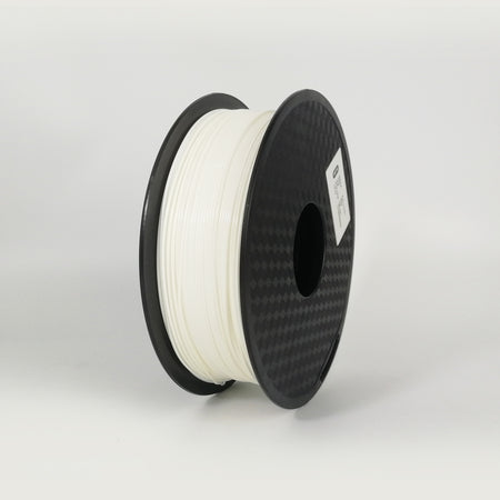 Spool of white filament on a black spool against a light gray background