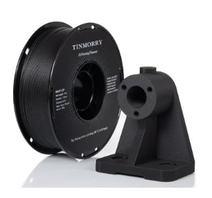 Spool of Timbrey 3D printing filament with a black holder on a white background