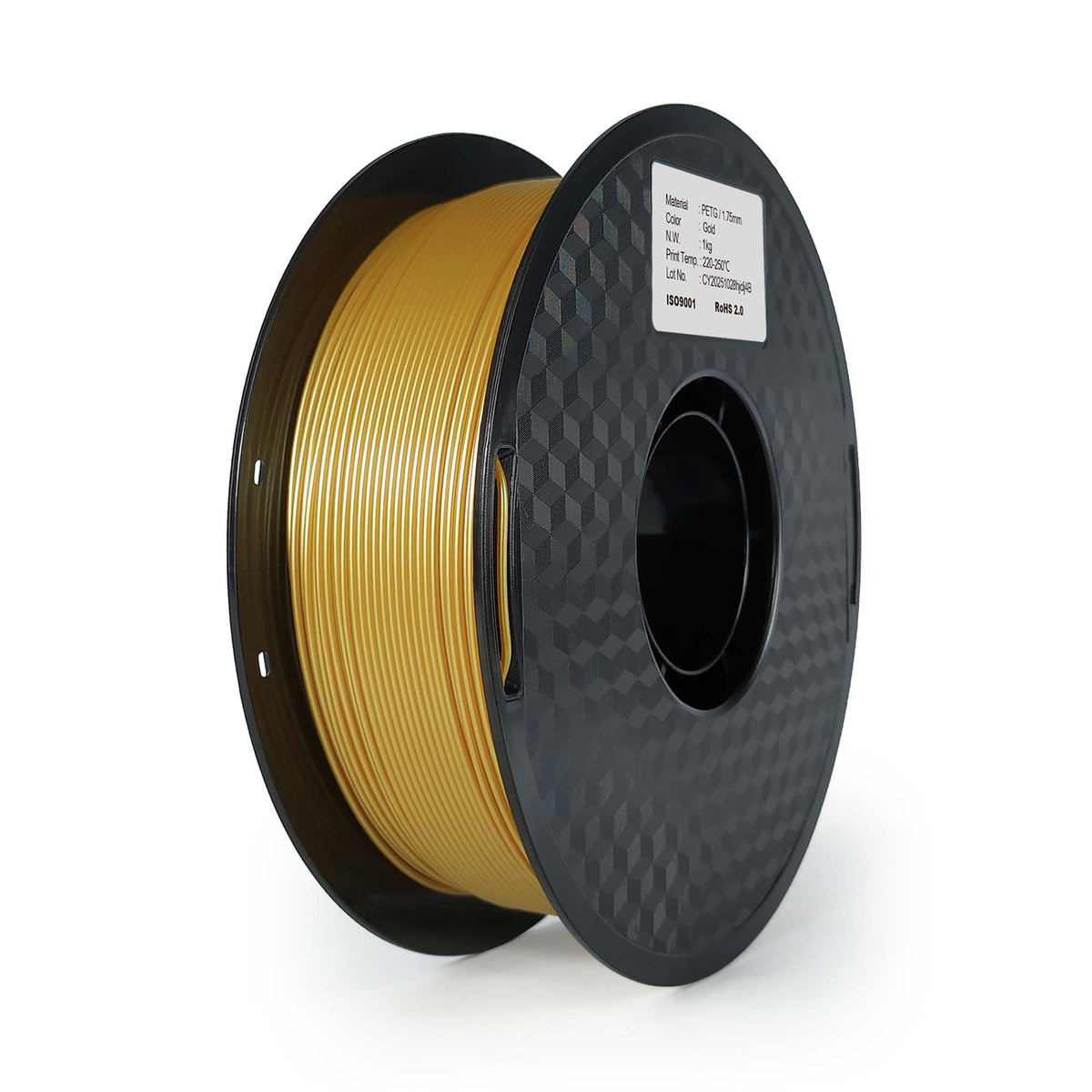 Spool of gold filament on a white background