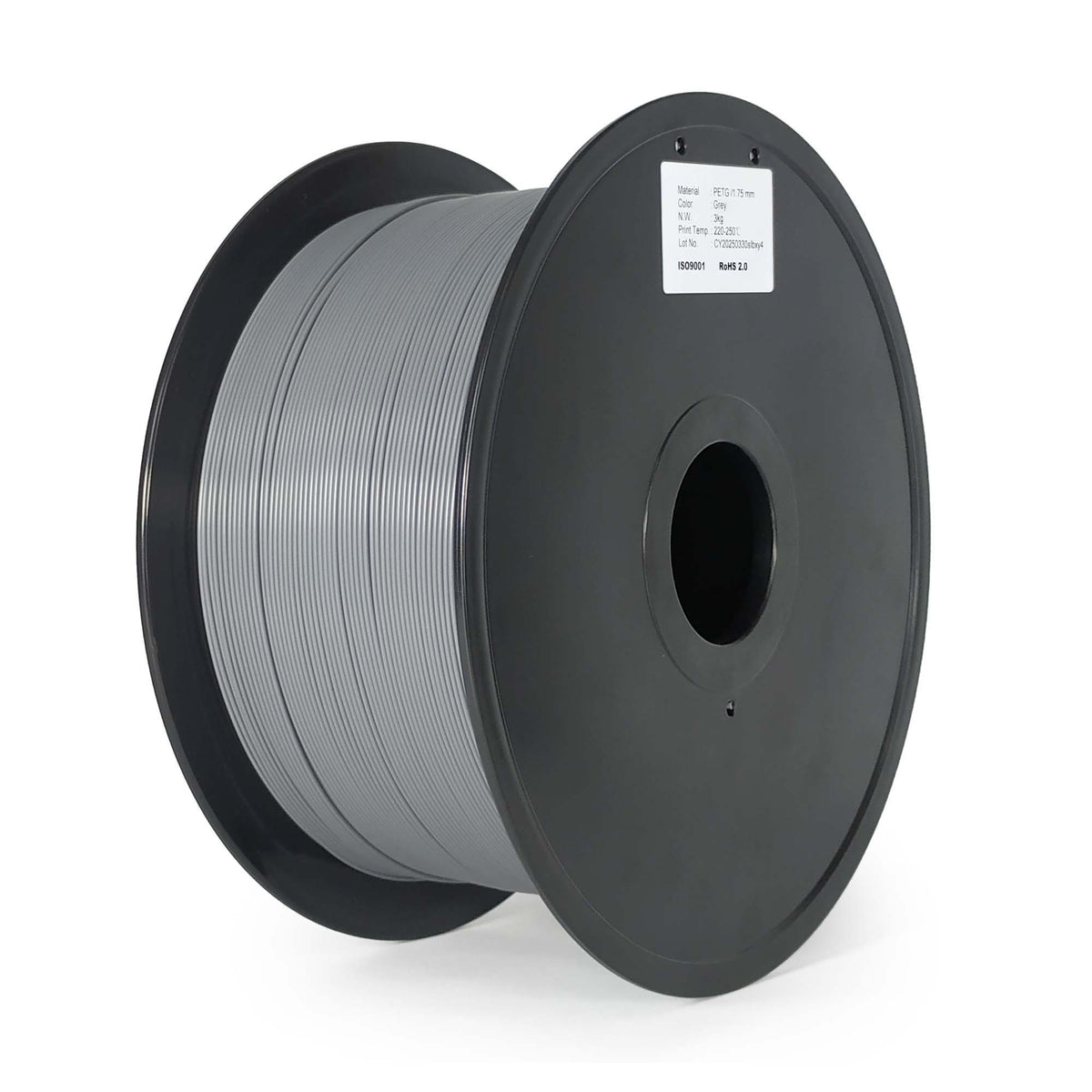 Spool of gray wire on a black plastic reel with a white background