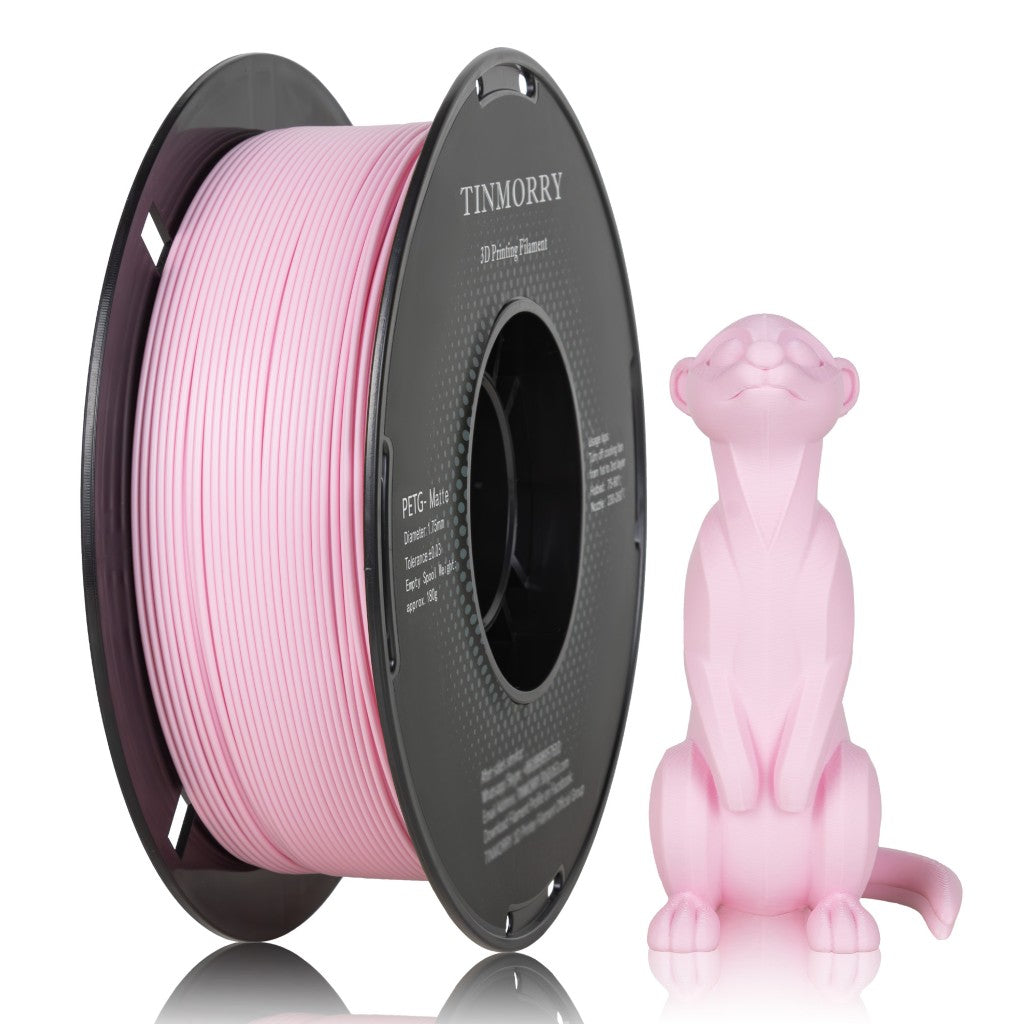 Spool of pink 3D printing filament and a pink 3D printed animal figure on a white background